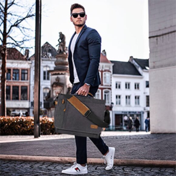 Men’s Grey Canvas Water Resistant Messenger Bag 15.6” Laptop Shoulder Bag - Picture 4 of 12